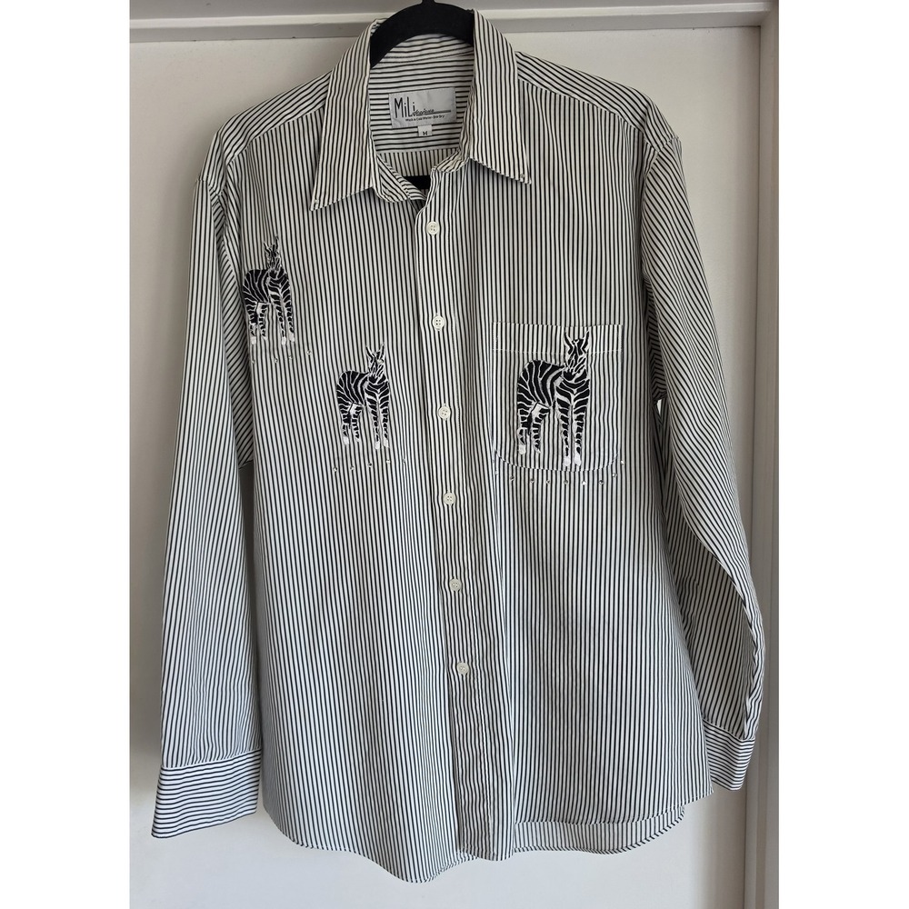 VTG Mili Shirt M Black Striped Long Sleeve Button-Up Zebras Crystal Embellished